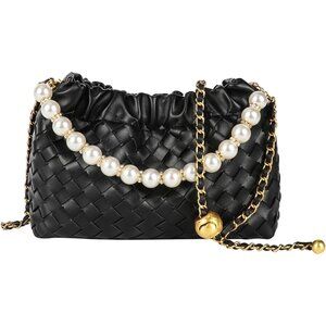 ⚡ Women's Leather Dumpling Pearl Chain Evening Black Crossbody Clutch Bag